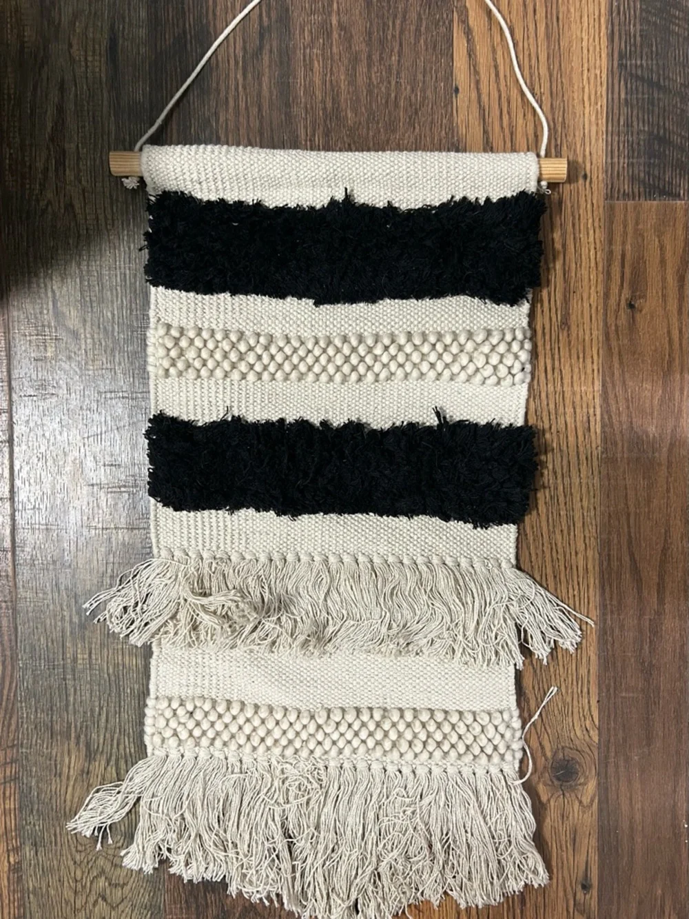 Handwoven Boho Wall Hanging - Black & Cream Stripe
